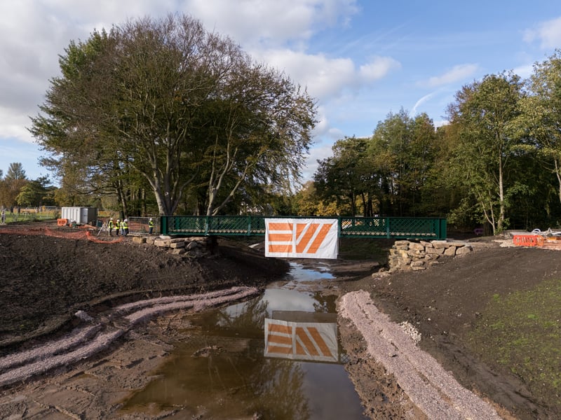 Serpentine Lake bridge after being lowered into place by crane at Moor Park, Preston. Photo: Kelvin Lister-Stuttard