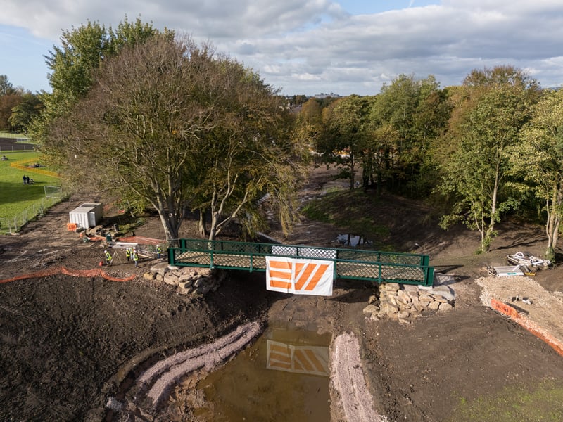 Serpentine Lake bridge after being lowered into place by crane at Moor Park, Preston. Photo: Kelvin Lister-Stuttard