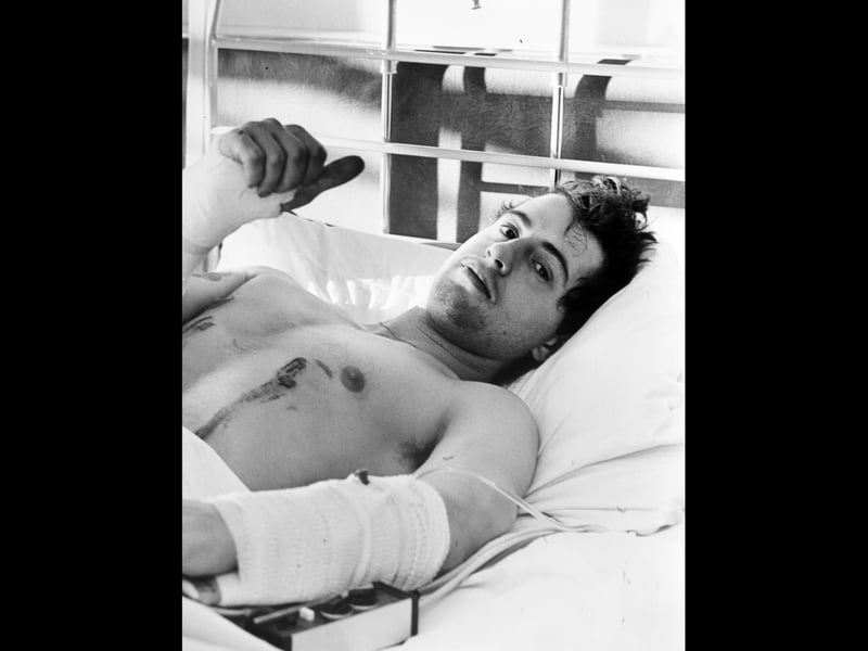 "When I got to hospital they must have thought I was Eddie Kidd because I have never seen so many nurses come to a trolley. When they realised I was not Eddie Kidd, there was nobody. Little things like that stick in your mind." Kirk, pictured here at the Royal Shrewsbury Hospital the day after his accident, would spend nearly a month in hospital recovering from his injuries.
