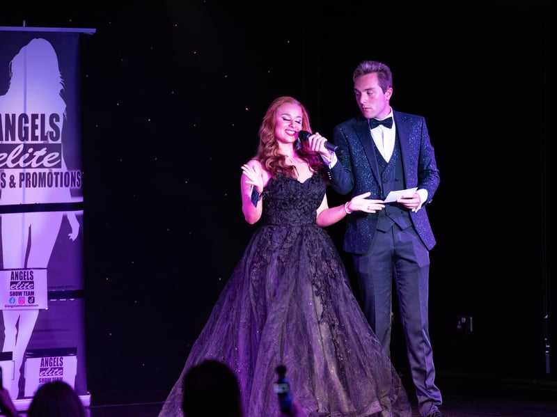 The finalists are each asked a question during their evening wear round at the Miss Blackpool 2026 beauty pageant finals. Photo: Lucinda Herbert