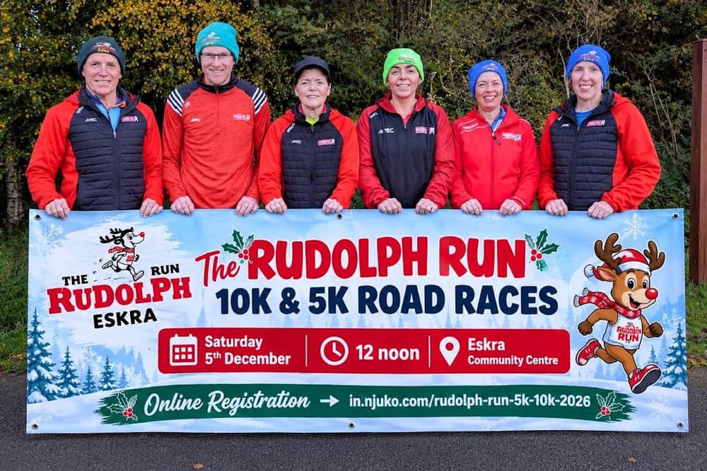 Pictured are Knockmany Running Club members in association with Eskra Community Association, excited to launch ‘The Rudolph Run 10K and 5K Races’ on Saturday, December 5 at 12 noon.