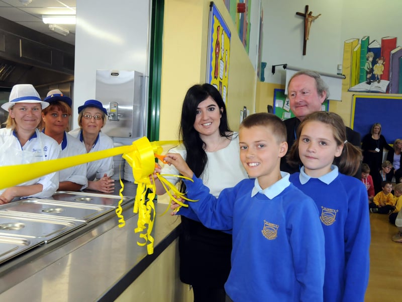 TV Chef Stacie Stewart opened the new kitchen of St Benet's School in 2011 with the help of kitchen staff, pupils and Father Oliver Keyes.