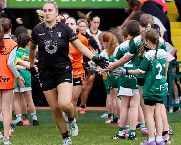 Goalkeeper Brianna Mathers runs out in the Box-IT Athletic Grounds earlier this year.