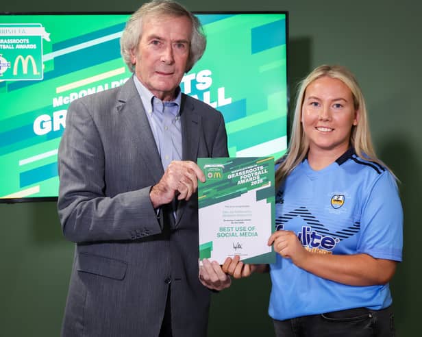 Northern Ireland legend and Fun Football ambassador Pat Jennings congratulates Strabane Athletic’s Ellie-Jay McMenamin, who was the regional winner of the ‘Best Use of Social Media’ accolade in this year’s McDonald’s Irish FA Grassroots Football Awards.