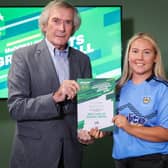 Northern Ireland legend and Fun Football ambassador Pat Jennings congratulates Strabane Athletic’s Ellie-Jay McMenamin, who was the regional winner of the ‘Best Use of Social Media’ accolade in this year’s McDonald’s Irish FA Grassroots Football Awards.
