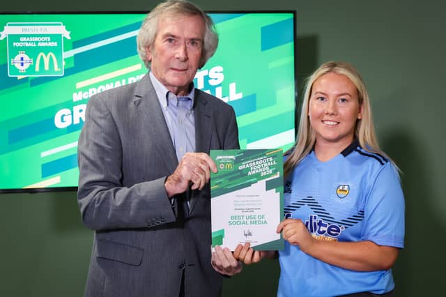 Northern Ireland legend and Fun Football ambassador Pat Jennings congratulates Strabane Athletic’s Ellie-Jay McMenamin, who was the regional winner of the ‘Best Use of Social Media’ accolade in this year’s McDonald’s Irish FA Grassroots Football Awards.