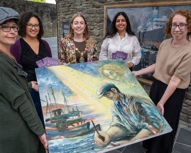 Pictured with the new painting on display at the Tower Museum, are, from left, Sinéad Smyth, artist, Josie Wood, The National Gallery London, Mayor of Derry City and Strabane District Council, councillor Grace Uí Niallais and Rohini Sharma, The National Gallery London.