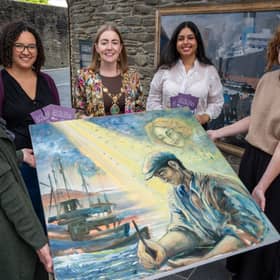 Pictured with the new painting on display at the Tower Museum, are, from left, Sinéad Smyth, artist, Josie Wood, The National Gallery London, Mayor of Derry City and Strabane District Council, councillor Grace Uí Niallais and Rohini Sharma, The National Gallery London.