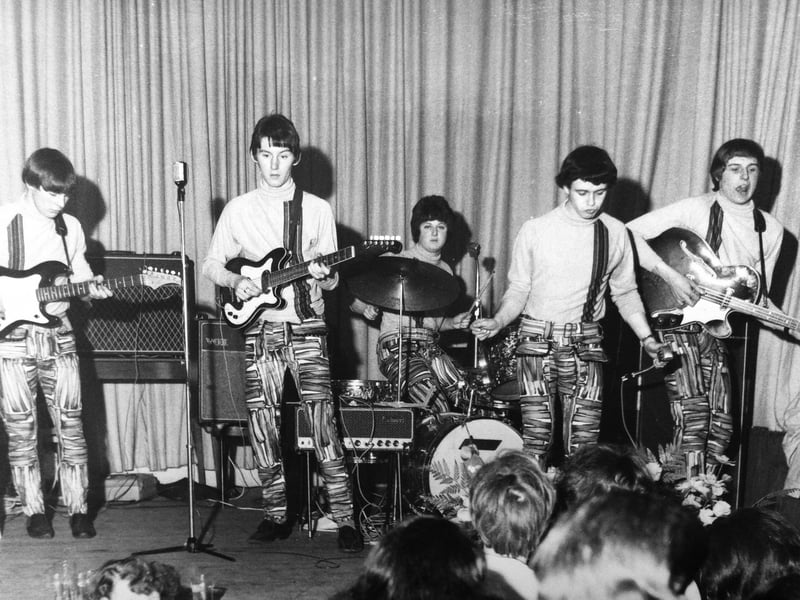 We had to include this mid-1960s picture of the Bird 'n' B's just so you can enjoy those trousers. On the left is Gerry Ward, whose mum made the trousers out of curtain material bought from Wellington market. The band bought the brightest material they could find. Here they are playing at the Bladen Club, Broseley. From left: Gerry Ward, Mick Skinner, Dawn Cullis, Ray Graham, and Jim Wilkie.