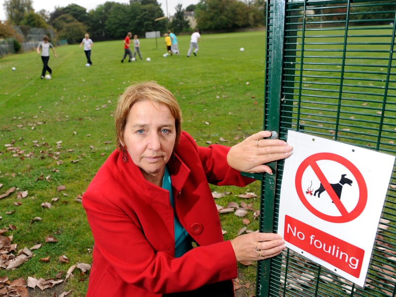 Alyson Cameron at the entrance to Bangholm Playing Fields in Trinity where she is campaigning to get dogs banned from the field so kids don't have to play in dog poo.