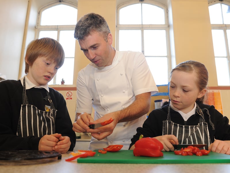 Pupils from Trinity Primary School tried out top Scottish chef Martin Wishart's new family cook school in Edinburgh in November, 2011.