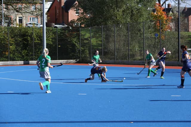 Honor Davison scores the first goal for Omagh in their 3-0 victory over Randalstown.