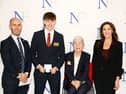 School rep Seán Burke, winning Mayo scholar Nevan Lynch from St. Gerald's College DLS, Carmel Naughton and Minister for Health Jennifer Carroll MacNeill TD at the 2026 Naughton Foundation Scholarship awards held at Trinity Business School, Trinity College Dublin