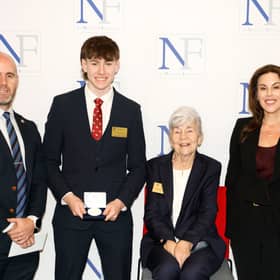 School rep Seán Burke, winning Mayo scholar Nevan Lynch from St. Gerald's College DLS, Carmel Naughton and Minister for Health Jennifer Carroll MacNeill TD at the 2026 Naughton Foundation Scholarship awards held at Trinity Business School, Trinity College Dublin
