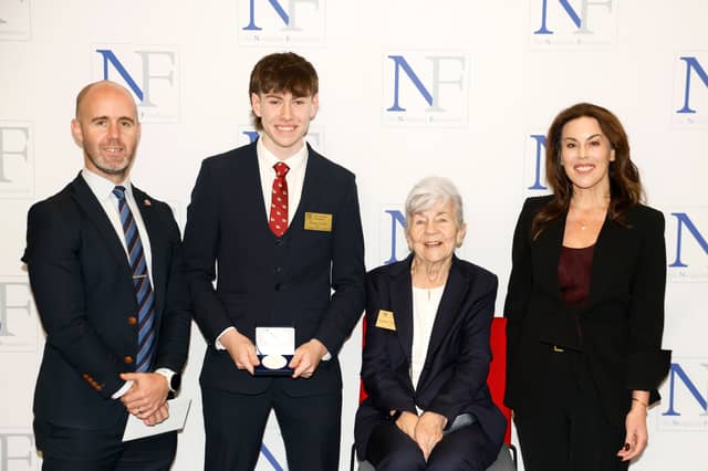 School rep Seán Burke, winning Mayo scholar Nevan Lynch from St. Gerald's College DLS, Carmel Naughton and Minister for Health Jennifer Carroll MacNeill TD at the 2026 Naughton Foundation Scholarship awards held at Trinity Business School, Trinity College Dublin