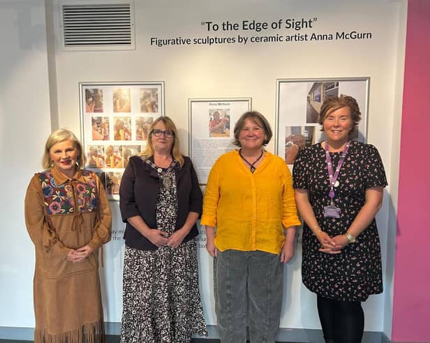 Pictured at the opening of 'To the Edge of Sight', a new exhibition of ceramic sculptures by Anna McGurn at Enniskillen Castle, are, from left, chairwoman of Fermanagh and Omagh District Council, Councillor Debbie Coyle; Noelle McAlinden, guest speaker; Anna McGurn, exhibiting artist and Sinead Reilly, Development Officer, Museum Services, Fermanagh and Omagh District Council. SU6943CD26