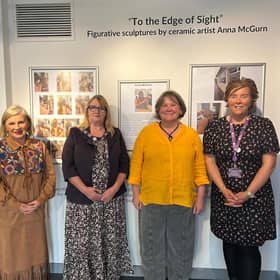 Pictured at the opening of 'To the Edge of Sight', a new exhibition of ceramic sculptures by Anna McGurn at Enniskillen Castle, are, from left, chairwoman of Fermanagh and Omagh District Council, Councillor Debbie Coyle; Noelle McAlinden, guest speaker; Anna McGurn, exhibiting artist and Sinead Reilly, Development Officer, Museum Services, Fermanagh and Omagh District Council. SU6943CD26