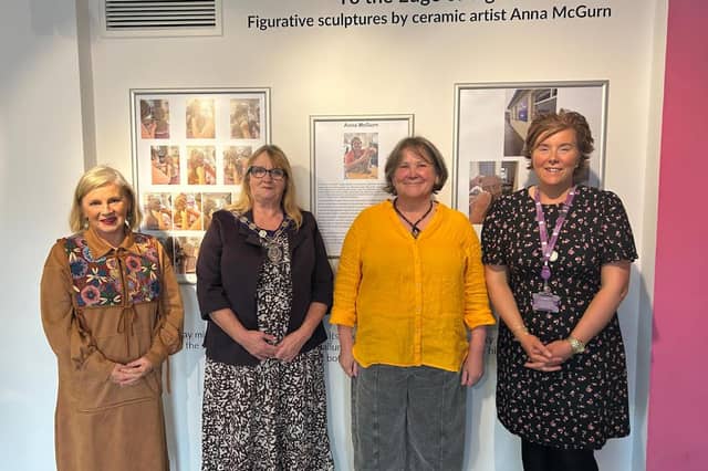 Pictured at the opening of 'To the Edge of Sight', a new exhibition of ceramic sculptures by Anna McGurn at Enniskillen Castle, are, from left, chairwoman of Fermanagh and Omagh District Council, Councillor Debbie Coyle; Noelle McAlinden, guest speaker; Anna McGurn, exhibiting artist and Sinead Reilly, Development Officer, Museum Services, Fermanagh and Omagh District Council. SU6943CD26