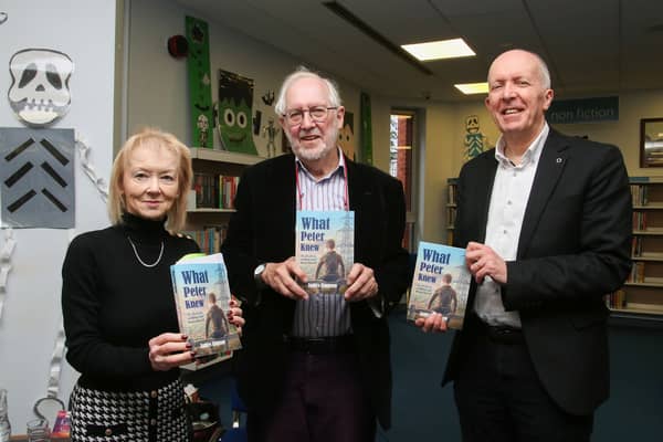 Felicity McCall, writer and journalist,  James Simpson, author, novelist and Garbhan Downey, Colmcille Press, pictured at the launch of  ‘What Peter Knew’ held in The Central Library.  A launch event will take place in Strabane Library on November 4.