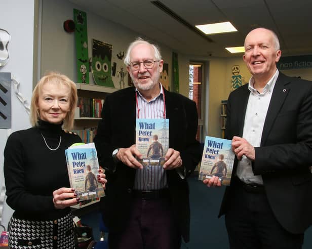 Felicity McCall, writer and journalist,  James Simpson, author, novelist and Garbhan Downey, Colmcille Press, pictured at the launch of  ‘What Peter Knew’ held in The Central Library.  A launch event will take place in Strabane Library on November 4.