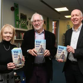 Felicity McCall, writer and journalist,  James Simpson, author, novelist and Garbhan Downey, Colmcille Press, pictured at the launch of  ‘What Peter Knew’ held in The Central Library.  A launch event will take place in Strabane Library on November 4.