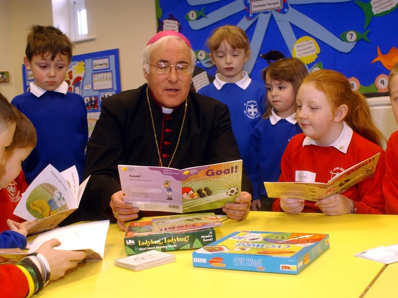 The Bishop of Hexham and Newcastle, the Rt Rev Kevin Dunn, read a story to the pupils after opening the new nursery unit in 2005.