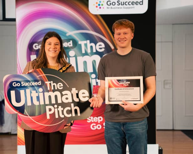 Councillor Eva Cahoon, deputy chairperson of Mid Ulster District Council and Oliver Woodward, local heat winner and founder of SwingSight.