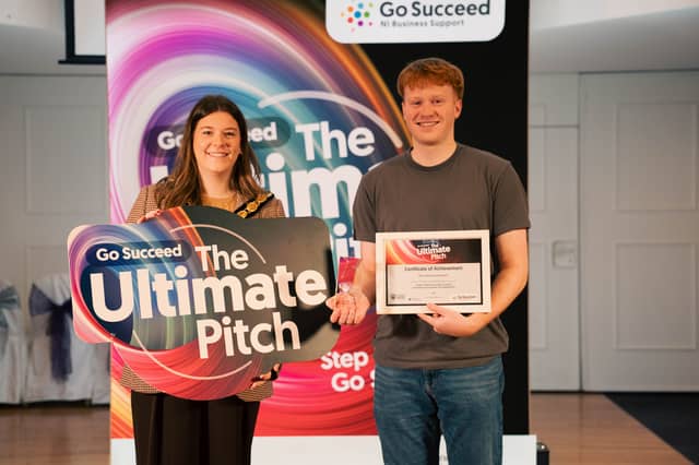 Councillor Eva Cahoon, deputy chairperson of Mid Ulster District Council and Oliver Woodward, local heat winner and founder of SwingSight.