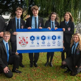 Chairman of the Board of Governors Mr Peter Aiken and Principal Miss Gillian Gibb, pictured with the senior prefect team, as Portadown College launches new development plan and refreshed Aspire vision.