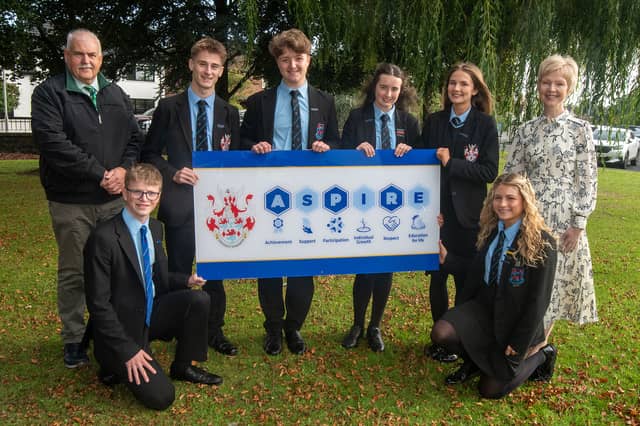Chairman of the Board of Governors Mr Peter Aiken and Principal Miss Gillian Gibb, pictured with the senior prefect team, as Portadown College launches new development plan and refreshed Aspire vision.