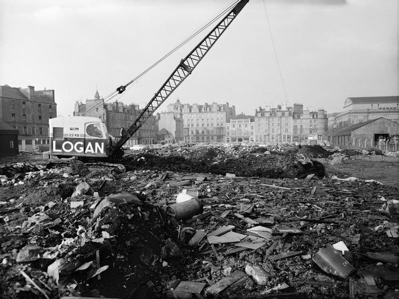 Tay Road Bridge Logan crane with view across infilled dock on 3 December 1964. 