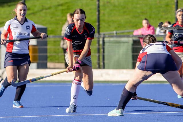 Dungannon Hockey Club action as a shot is taken at the Castle goal. AM264312