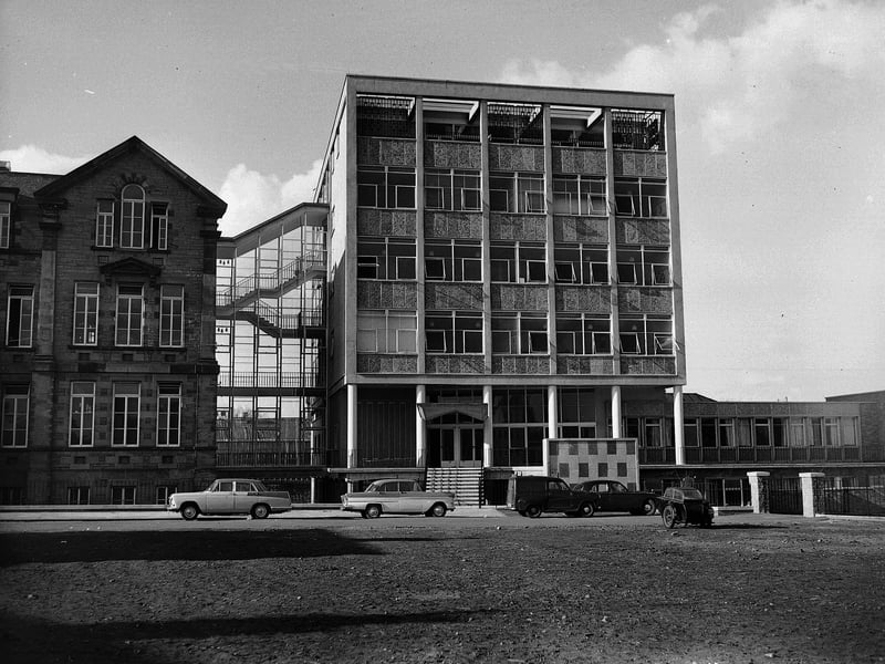 The old main building and new extension linked by glass staircase and corridors at Trinity Academy, pictured in March, 1962.