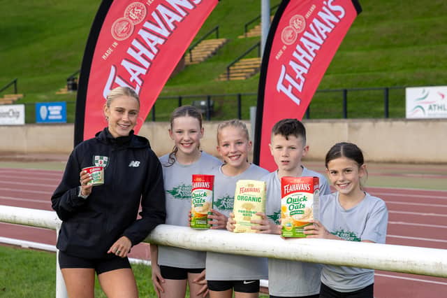 Flahavan’s League Ambassador Kirsti Foster with XC Squad Members from across Co Tyrone and Armagh, Eve O'Neill of Edendork Primary School, Dungannon, Jessie Crilly of Foley Primary School, Armagh, Paidi Daly of St Brigid’s Primary School Brocagh, Dungannon and Grace Gervin of St John’s Primary School, Moy.