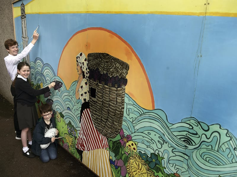 Pupils from Trinity Academy at the Newhaven Community Mural unveiling in June, 2019, which they had contributed towards.