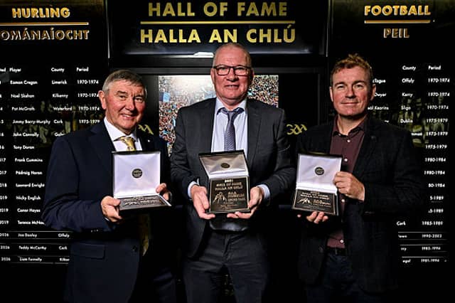 Hall of Fame Recipients from left, former Donegal footballer Martin McHugh, former Derry footballer Tony Scullion and former Down footballer James McCartan, with their awards during the GAA Museum Hall of Fame Awards at GAA Museum in Croke Park, Dublin. Photo by Sam Barnes/Sportsfile