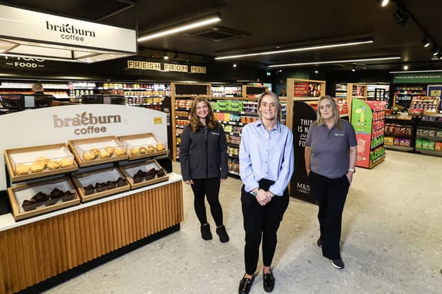 Alison Reid, Lorna Wynne and Fiona Hamill.pictured at Applegreen Hillsborough, Co. Down, as the site welcomes its new M&S Food Shop and Braeburn Coffee cart, alongside Greggs and Applegreen convenience store.