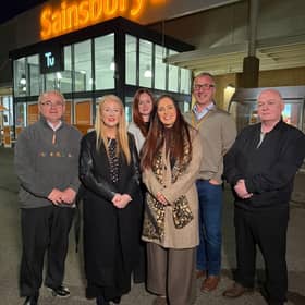 Local Sinn Féin representatives from left, Cllr Barry McElduff, Cllr Catherine Kelly,  Em Morris, Omagh store manager, West Tyrone MP,  Órfhlaith Begley, Christian Wakelin, head of supermarket development for Sainsbury's and Cllr Marty McColgan with Sainsbury's management following a preview tour of the new store on Tuesday evening. SU1444CD26