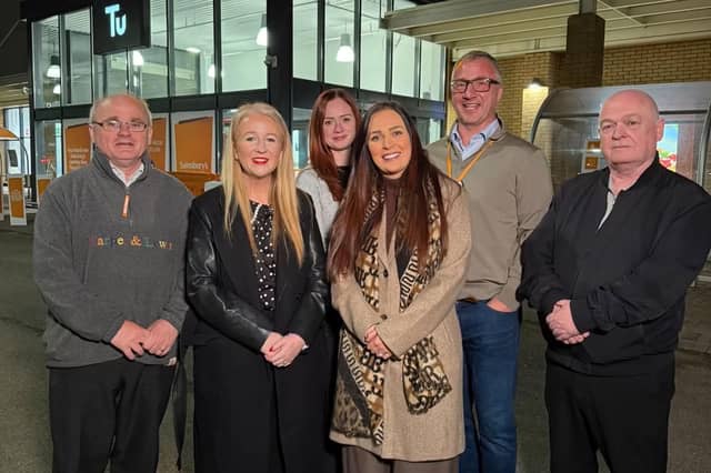 Local Sinn Féin representatives from left, Cllr Barry McElduff, Cllr Catherine Kelly, Em Morris, Omagh store manager, West Tyrone MP, Órfhlaith Begley, Christian Wakelin, head of supermarket development for Sainsbury's and Cllr Marty McColgan with Sainsbury's management following a preview tour of the new store on Tuesday evening. SU1444CD26