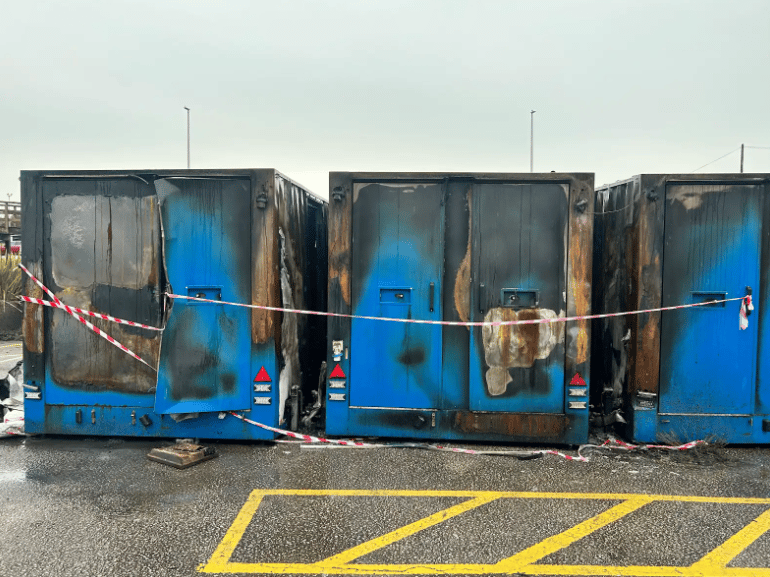 An arson attack left the NHS Covid portacabins on Blackpool South Car Park in a bad state. 