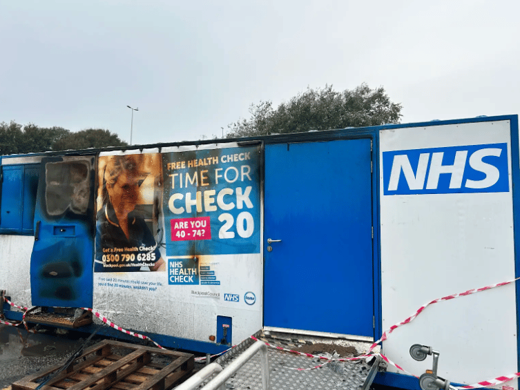 An arson attack left the NHS Covid portacabins on Blackpool South Car Park in a bad state. 