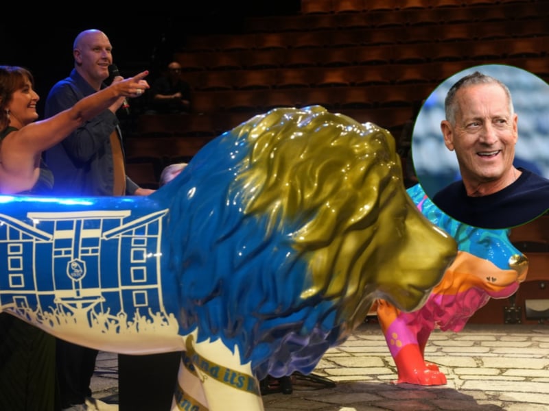 Owls owner David Storch, inset, was the biggest spender at a charity auction of lions. Auctioneer Lucy Craper, left, Chris McClure. 
