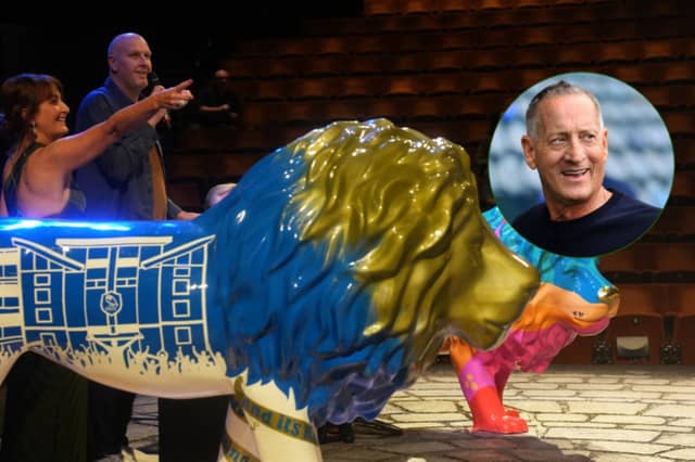 Owls owner David Storch, inset, was the biggest spender at a charity auction of lions. Auctioneer Lucy Craper, left, Chris McClure.