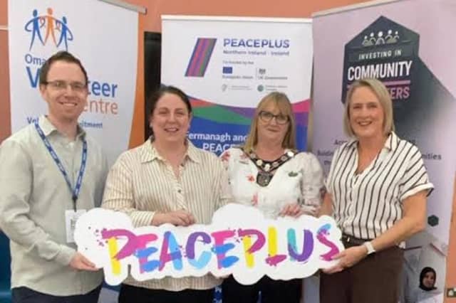 Peaceplus management team alongside Fermanagh and Omagh District Council chairwoman, Cllr Debbie Coyle. SU0842CD26