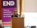  Professor Maria Lohan from the School of Nursing & Midwifery at Queen's speaking at the launch of the report, Understandings of Masculinities and Attitudes Towards Violence Against Women and Girls in Northern Ireland: Young Men’s and Boys’ Views and Practitioners’ Perspectives. 