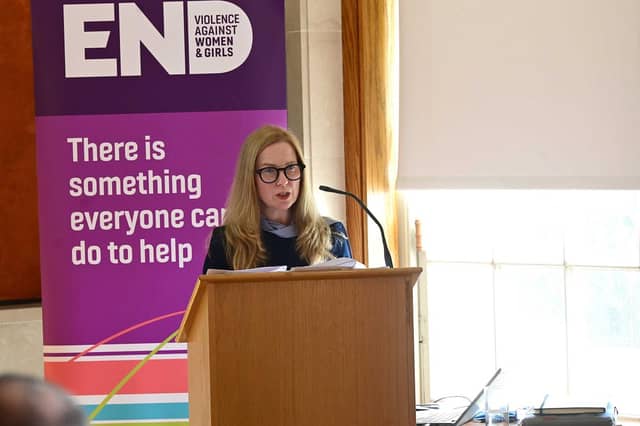 Professor Maria Lohan from the School of Nursing & Midwifery at Queen's speaking at the launch of the report, Understandings of Masculinities and Attitudes Towards Violence Against Women and Girls in Northern Ireland: Young Men’s and Boys’ Views and Practitioners’ Perspectives.