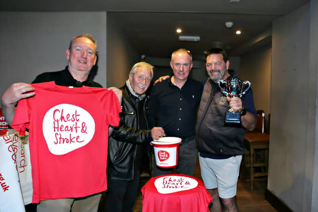 Winner of the inaugural Brian McCaffrey Memorial Trophy in aid of Chest Heart and Stroke is Kirk Tweed (44pts) pictured with competition organisers Fergal Dunn and Brendan Muldoon and one of the founding members of the Anchor Golf Society Ronnie Blackwood.    WK43-26KC32SP