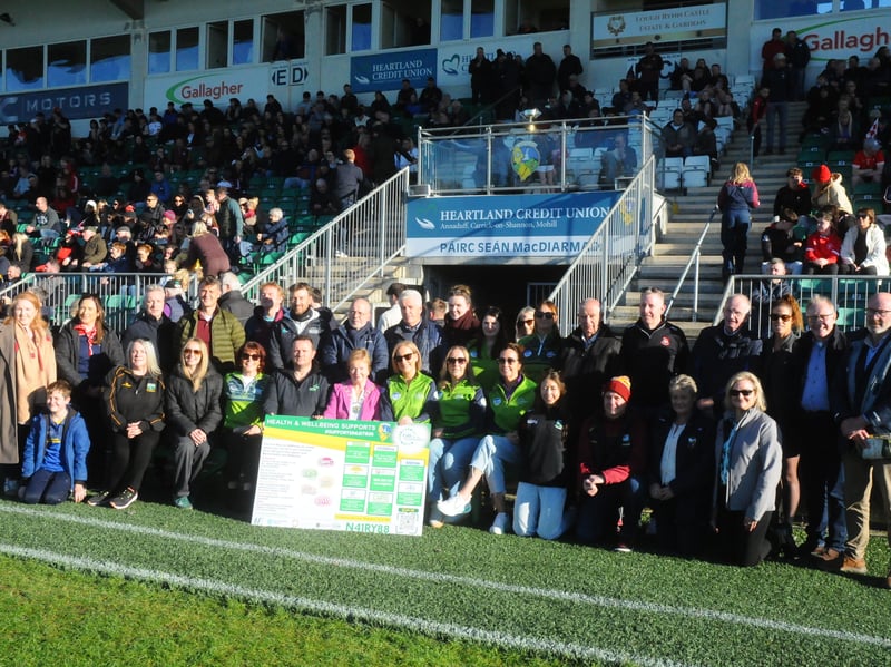 ​Leitrim GAA officials and representatives of the groups involved in the launch of the HSE Wellbeing Boards, which will be distributed among Leitrim GAA Clubs, last Sunday at the Smith Monumentals Leitrim IFC Final in Heartland Credit Union Pairc Sean Mac Diarmada Picture: Willie Donnellan