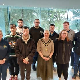 Back row L-R: Evan Moore, Joshua Hetherington, Allan Scott, Conlon O’Brien and John McGillian. Front Row L-R: Youth Leader, Caroline Weaving, Jake Murray, Cory Scott, Mayor of Causeway Coast and Glens Councillor Dawn Huggins, and Samantha Harbinson.