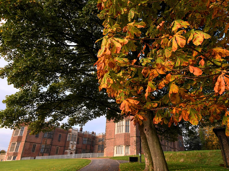 Golden autumn leaves frame the historic grounds of Temple Newsam in Leeds as seasonal temperatures begin to dip 